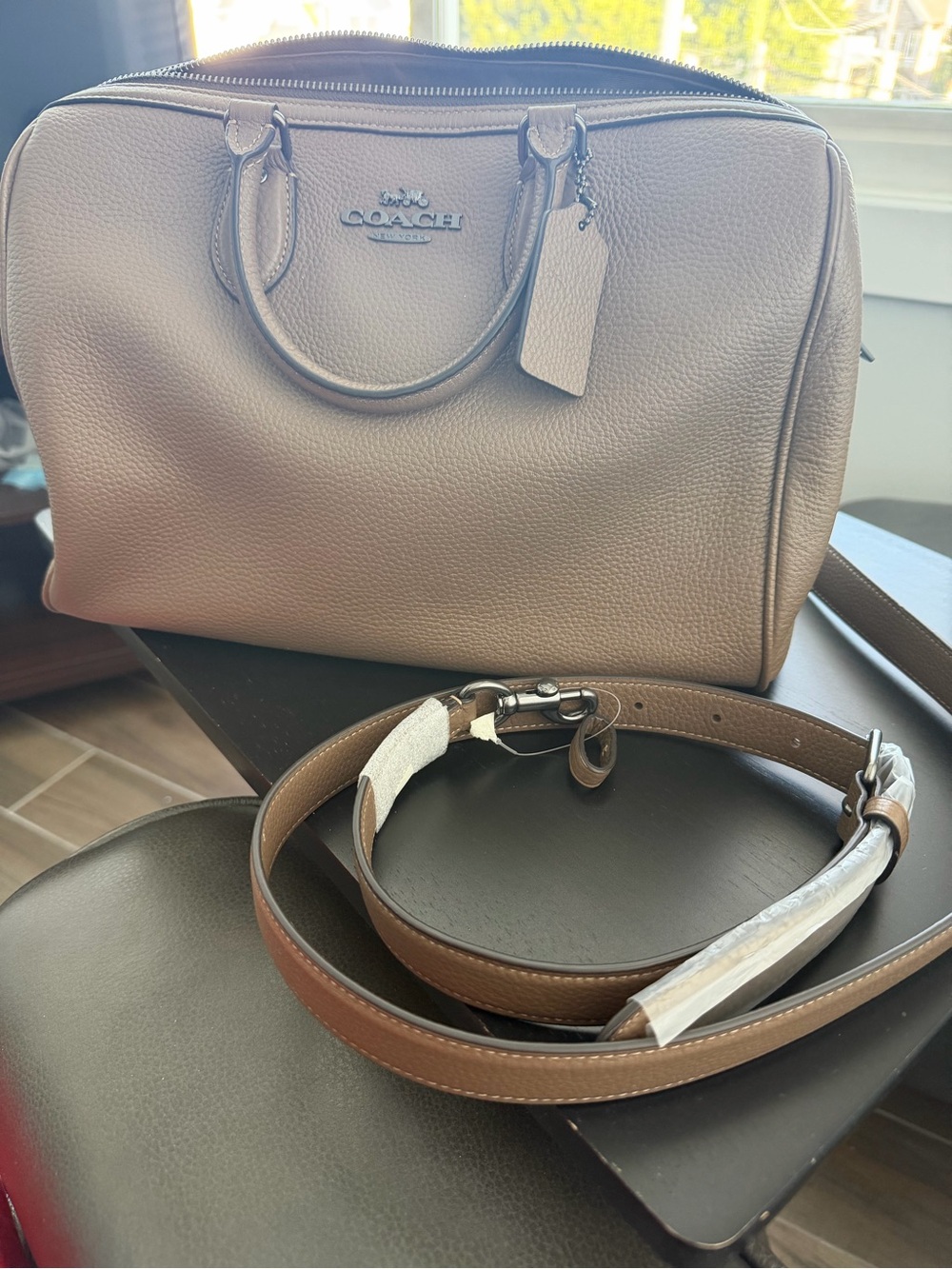 COACH dark stone Pebbled Leather Satchel with Detachable Strap